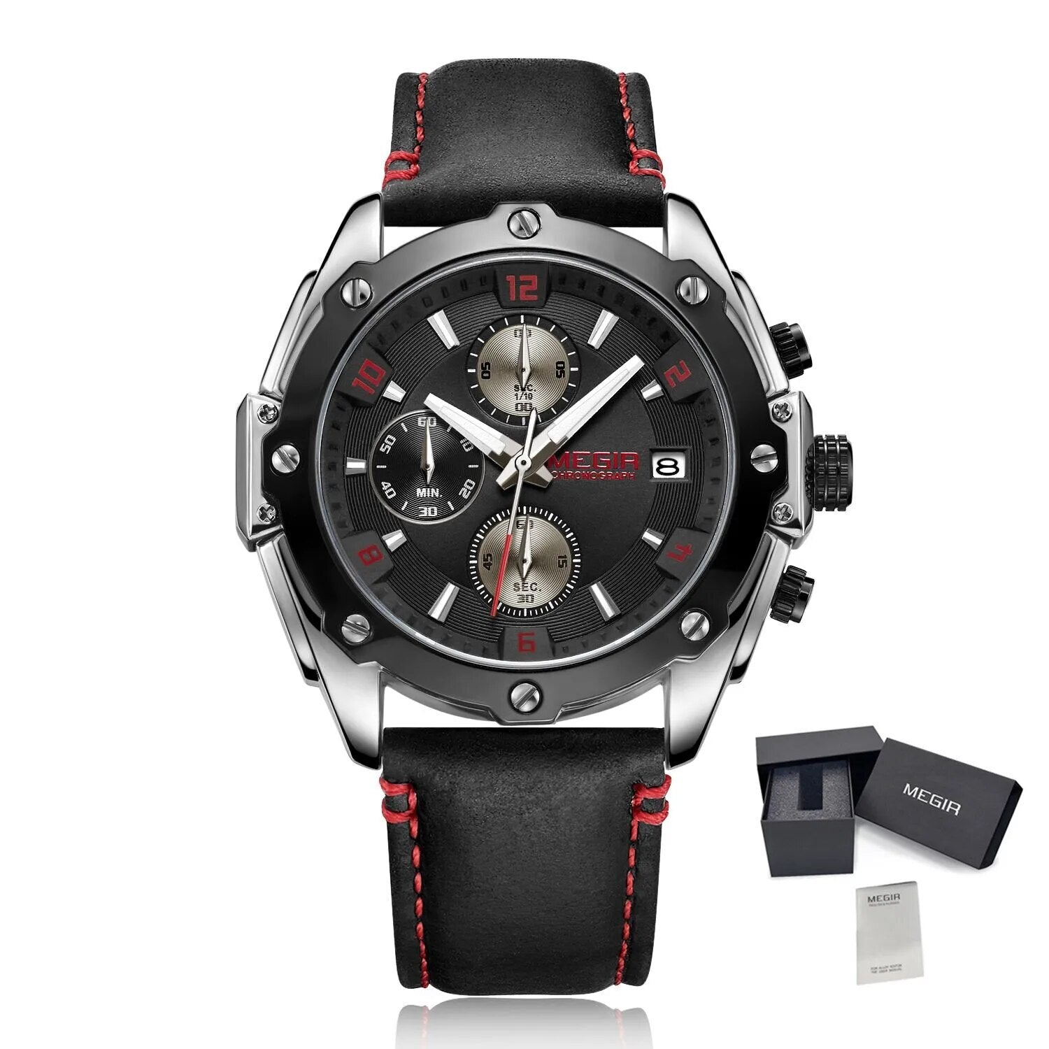 MEGIR 2074 Men's Chronograph Watch – Genuine Leather Strap, Quartz Movement, 30M Water Resistant