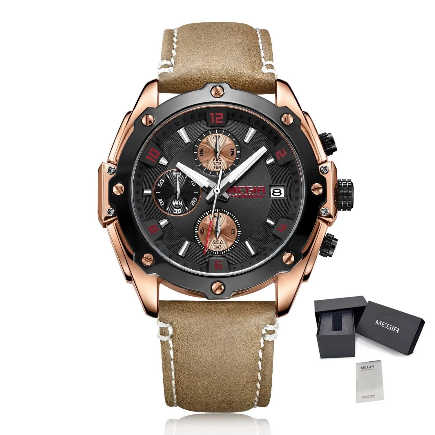 MEGIR 2074 Men's Chronograph Watch – Genuine Leather Strap, Quartz Movement, 30M Water Resistant