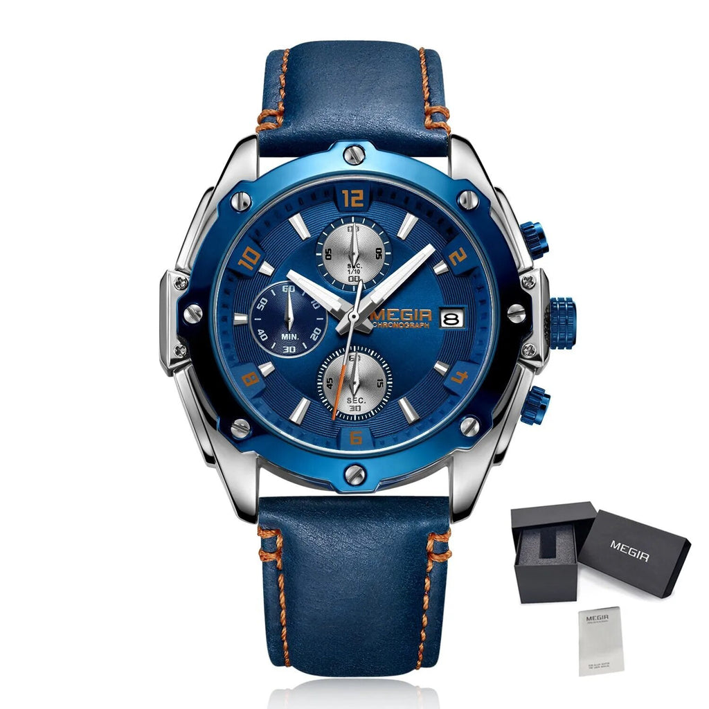 MEGIR 2074 Men's Chronograph Watch – Genuine Leather Strap, Quartz Movement, 30M Water Resistant