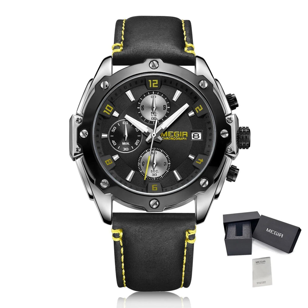 MEGIR 2074 Men's Chronograph Watch – Genuine Leather Strap, Quartz Movement, 30M Water Resistant