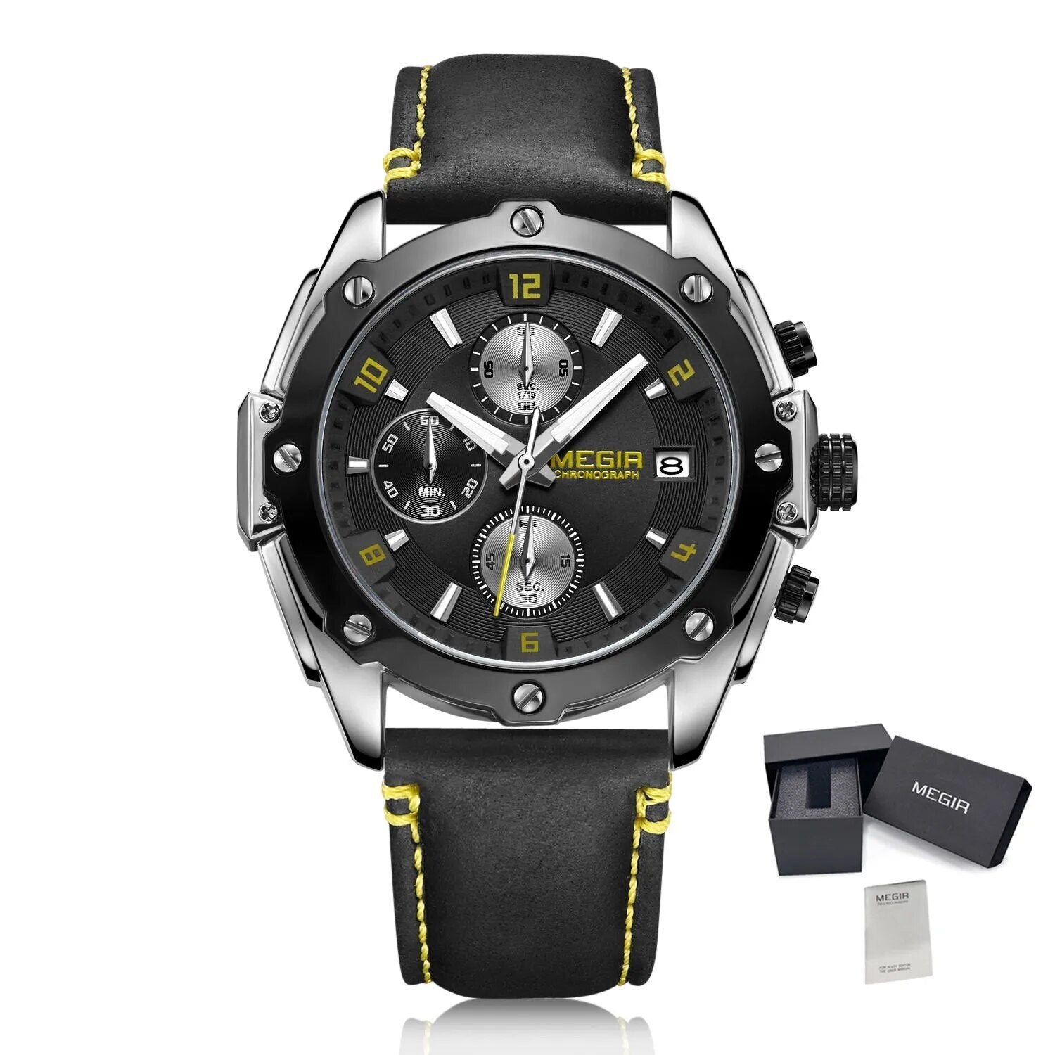 MEGIR 2074 Men's Chronograph Watch – Genuine Leather Strap, Quartz Movement, 30M Water Resistant