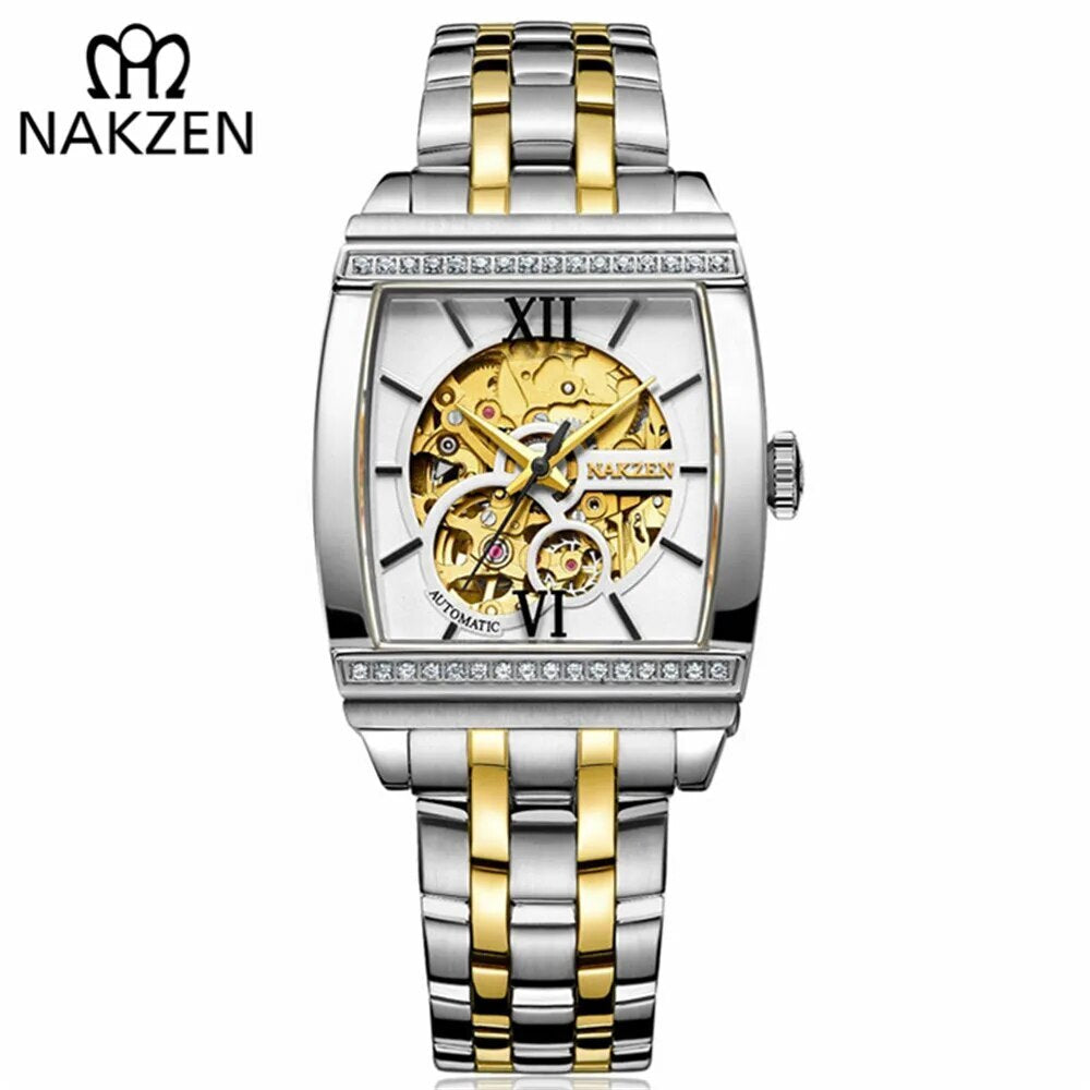NAKZEN Rectangle Tourbillon Skeleton Automatic Mechanical Watch for Men