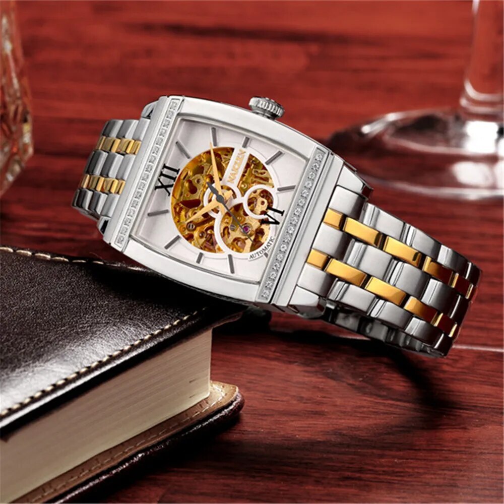 NAKZEN Rectangle Tourbillon Skeleton Automatic Mechanical Watch for Men