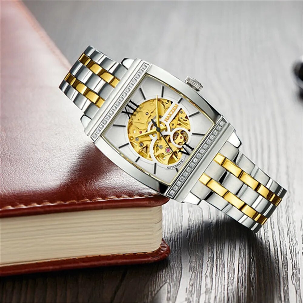 NAKZEN Rectangle Tourbillon Skeleton Automatic Mechanical Watch for Men