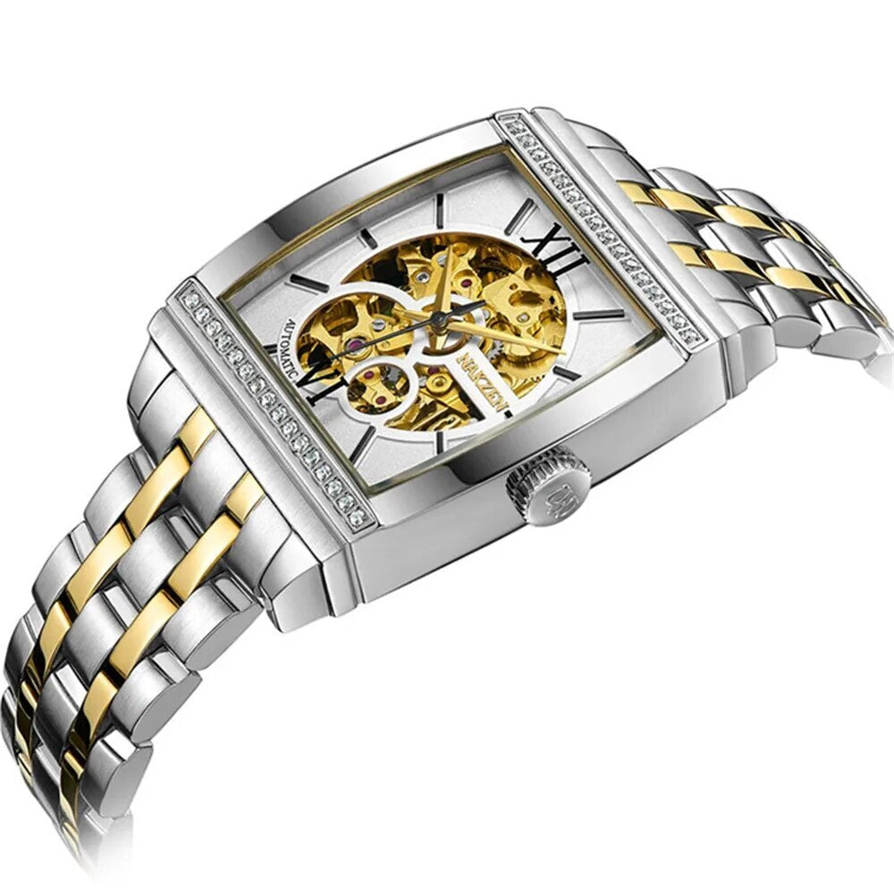 NAKZEN Rectangle Tourbillon Skeleton Automatic Mechanical Watch for Men