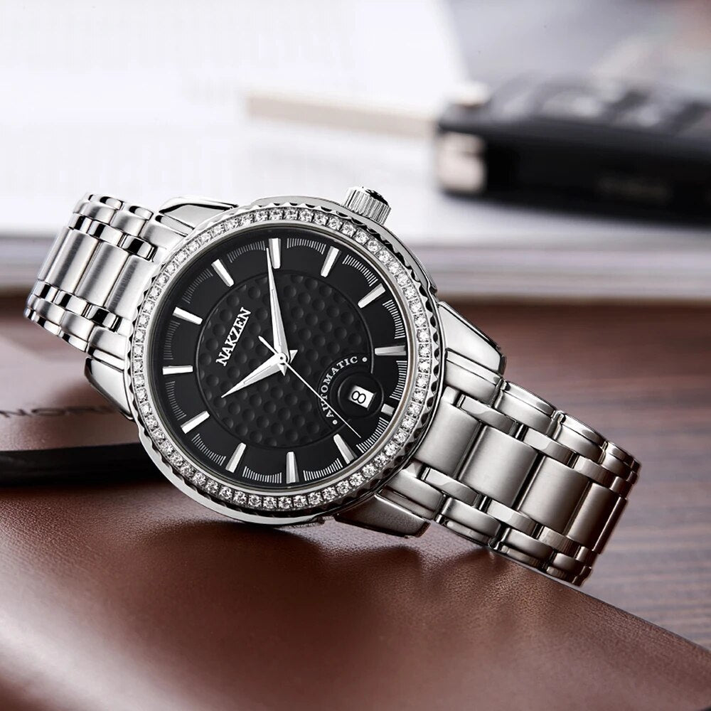 NAKZEN Men's Automatic Mechanical Watch – Miyota 8215 Movement, Diamond Bezel & Sapphire Crystal