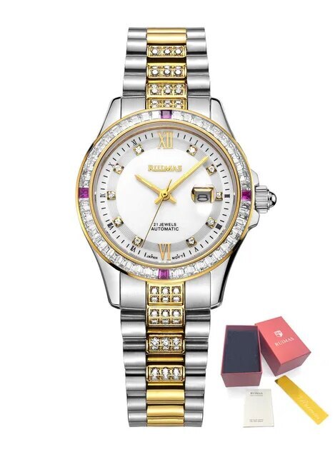 RUIMAS Women's Sapphire Automatic Mechanical Watch – Luxury Steel Bracelet with Crystal Bezel