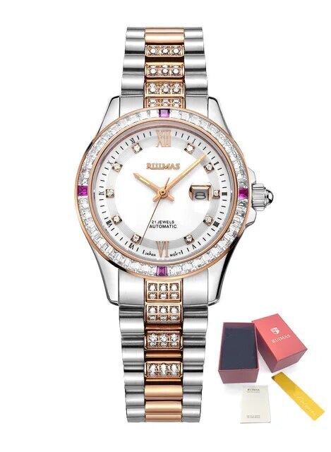 RUIMAS Women's Sapphire Automatic Mechanical Watch – Luxury Steel Bracelet with Crystal Bezel