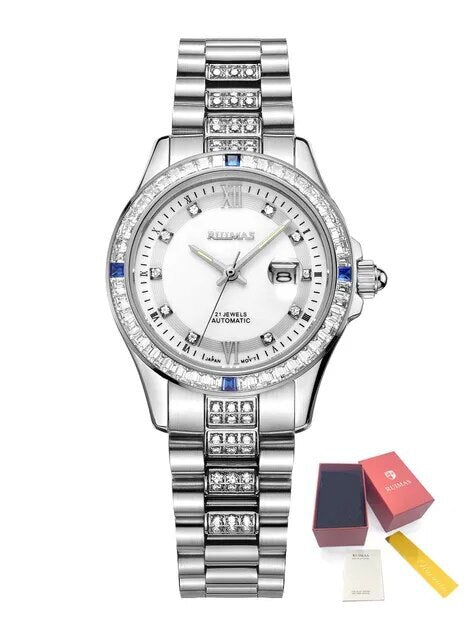 RUIMAS Women's Sapphire Automatic Mechanical Watch – Luxury Steel Bracelet with Crystal Bezel