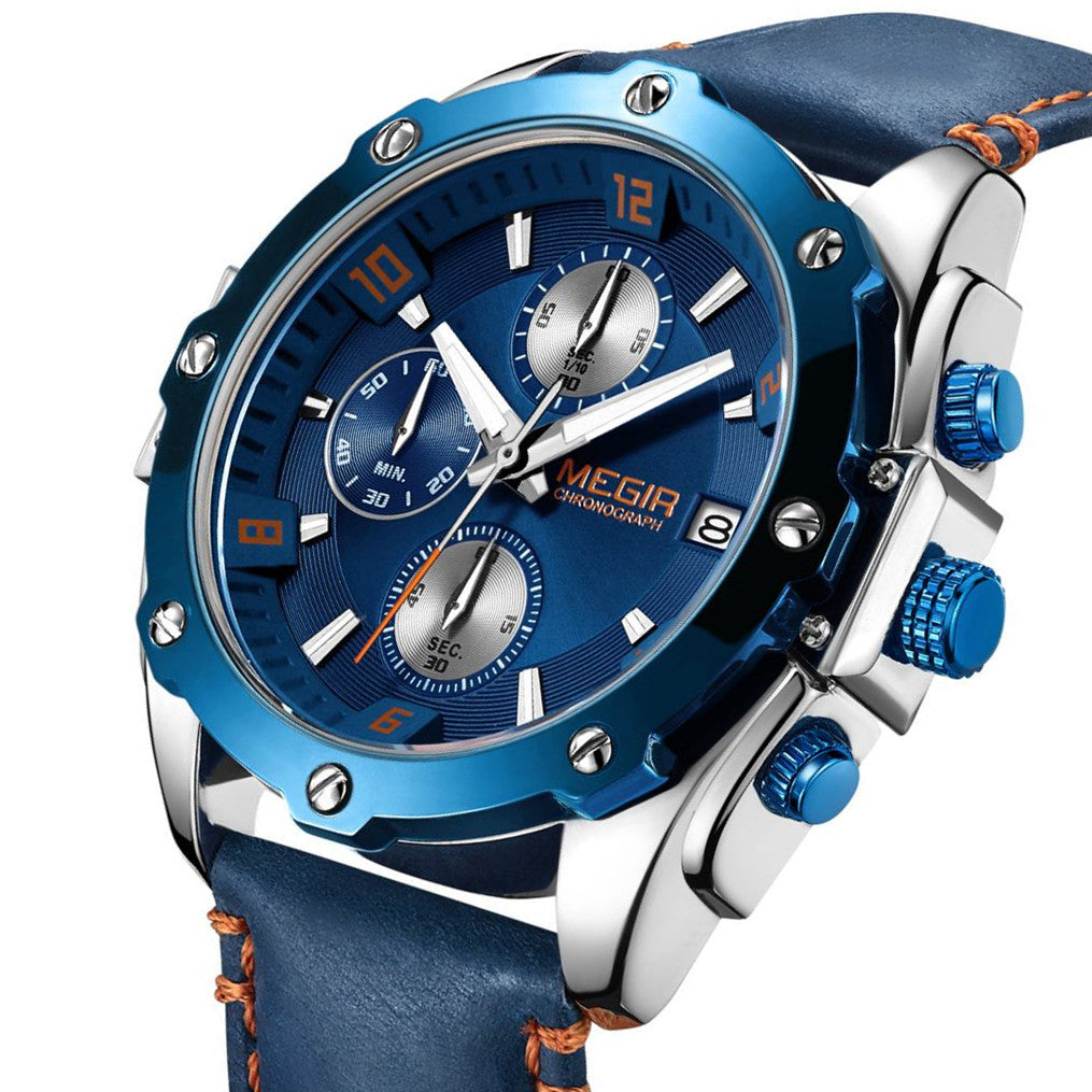MEGIR 2074 Men's Chronograph Watch – Genuine Leather Strap, Quartz Movement, 30M Water Resistant