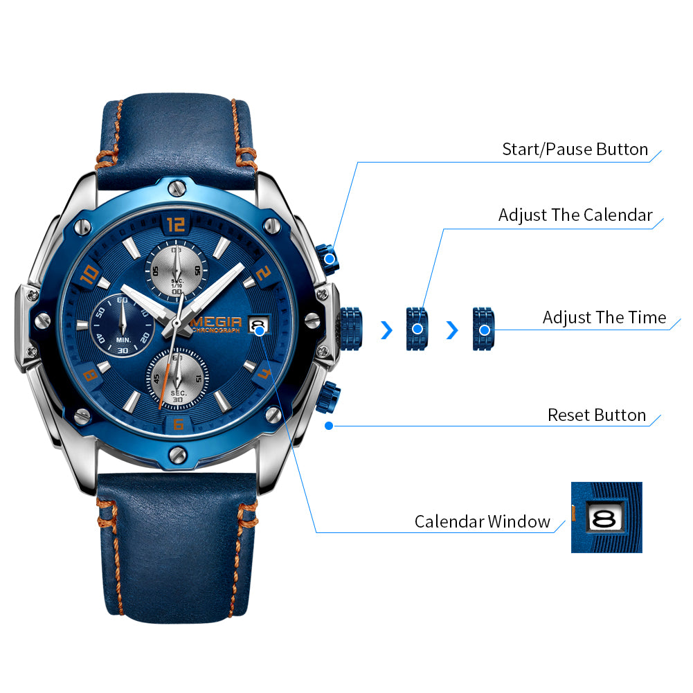 MEGIR 2074 Men's Chronograph Watch – Genuine Leather Strap, Quartz Movement, 30M Water Resistant