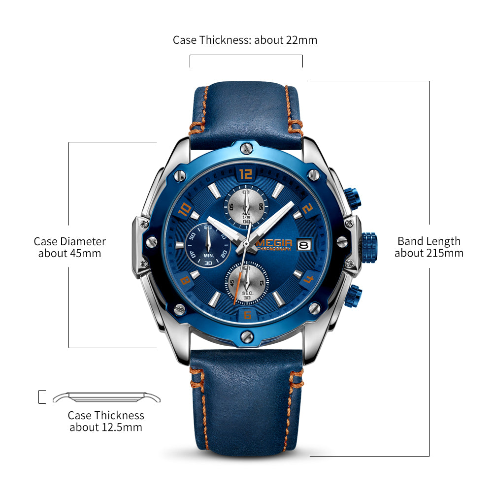 MEGIR 2074 Men's Chronograph Watch – Genuine Leather Strap, Quartz Movement, 30M Water Resistant