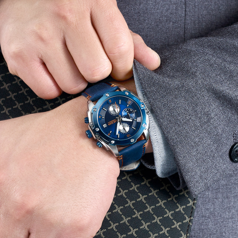 MEGIR 2074 Men's Chronograph Watch – Genuine Leather Strap, Quartz Movement, 30M Water Resistant