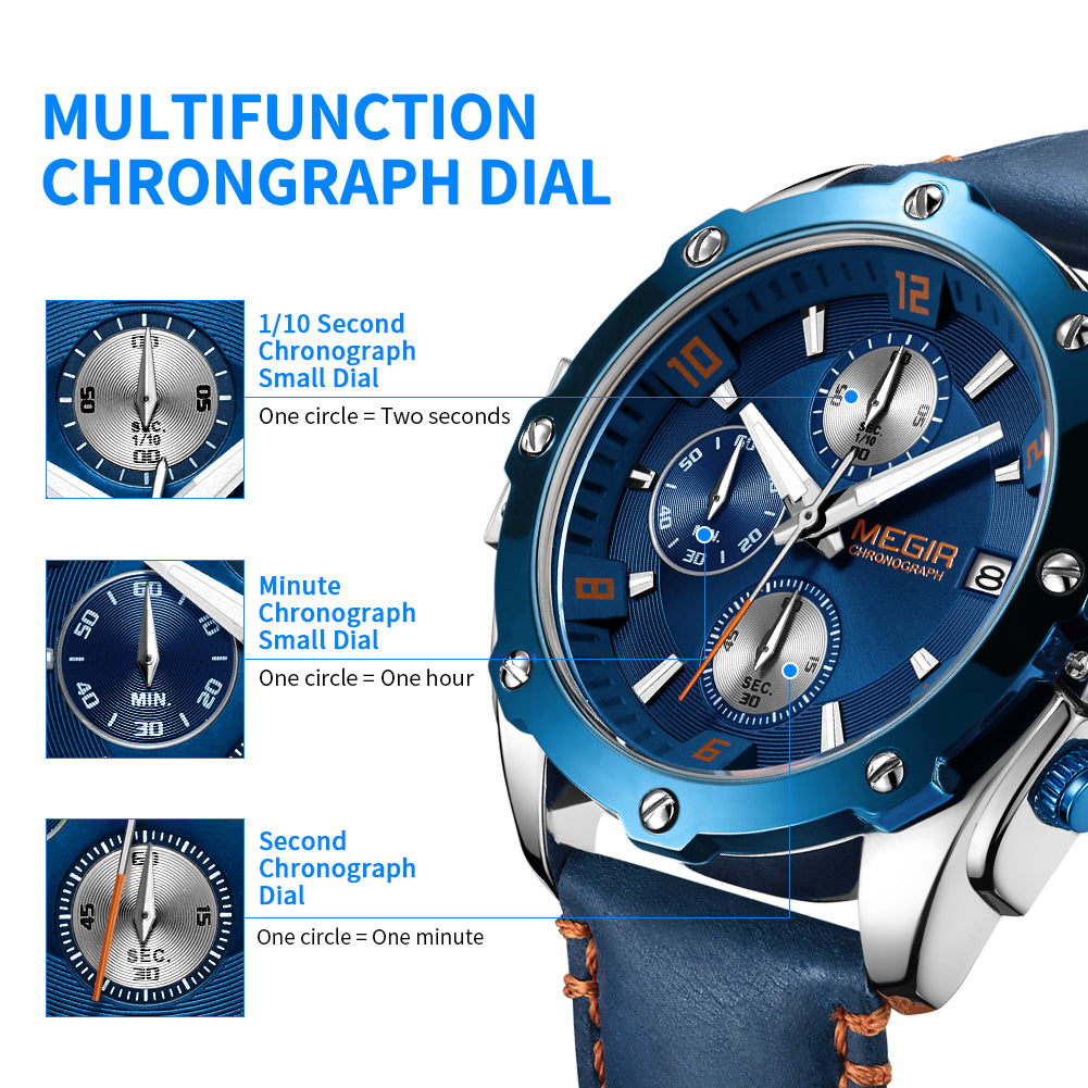 MEGIR 2074 Men's Chronograph Watch – Genuine Leather Strap, Quartz Movement, 30M Water Resistant
