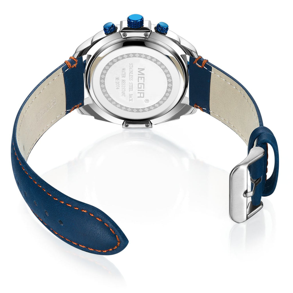 MEGIR 2074 Men's Chronograph Watch – Genuine Leather Strap, Quartz Movement, 30M Water Resistant