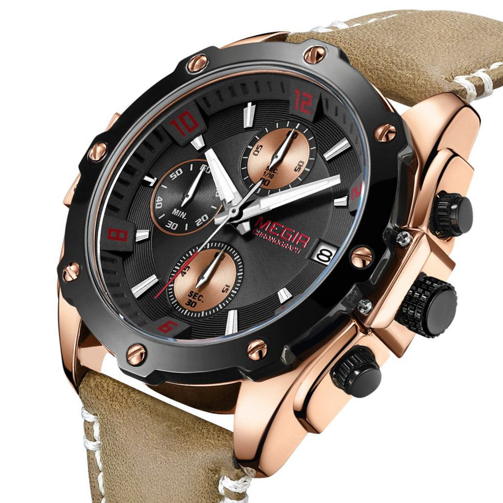 MEGIR 2074 Men's Chronograph Watch – Genuine Leather Strap, Quartz Movement, 30M Water Resistant
