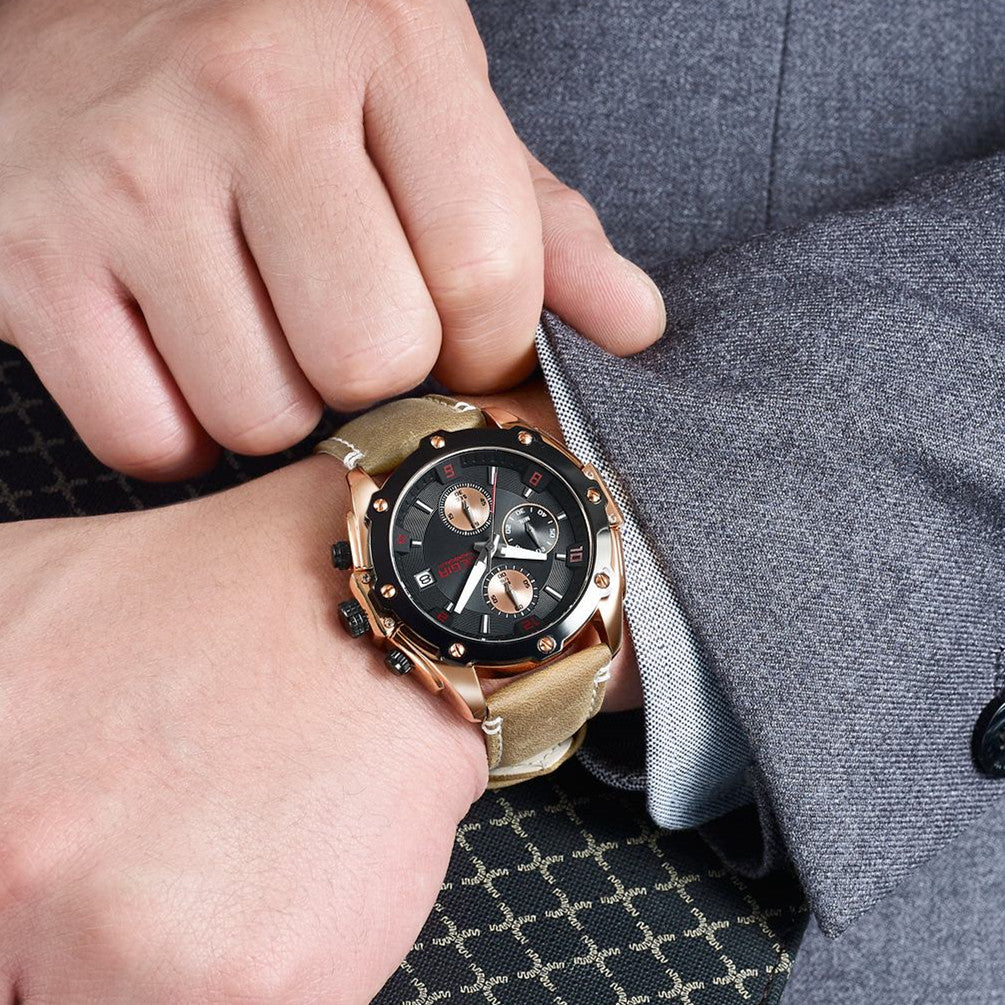 MEGIR 2074 Men's Chronograph Watch – Genuine Leather Strap, Quartz Movement, 30M Water Resistant