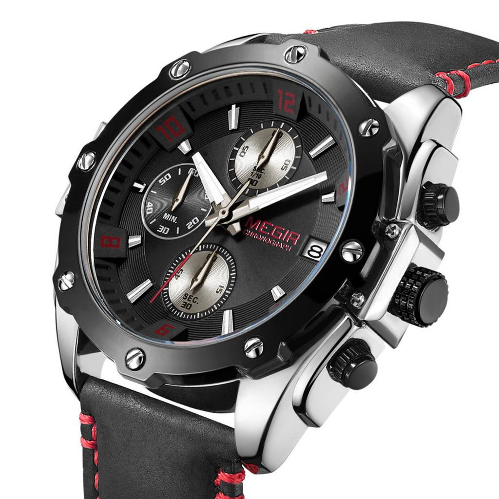 MEGIR 2074 Men's Chronograph Watch – Genuine Leather Strap, Quartz Movement, 30M Water Resistant