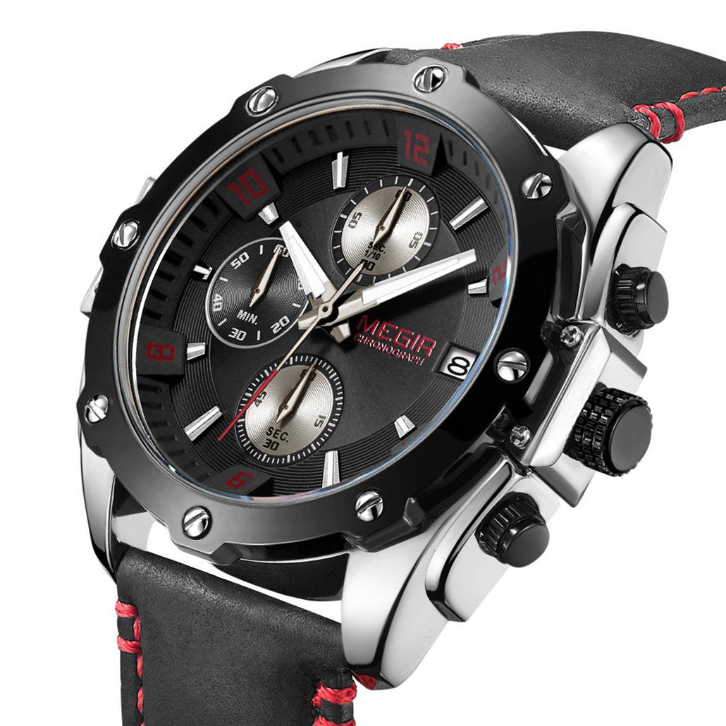 MEGIR 2074 Men's Chronograph Watch – Genuine Leather Strap, Quartz Movement, 30M Water Resistant
