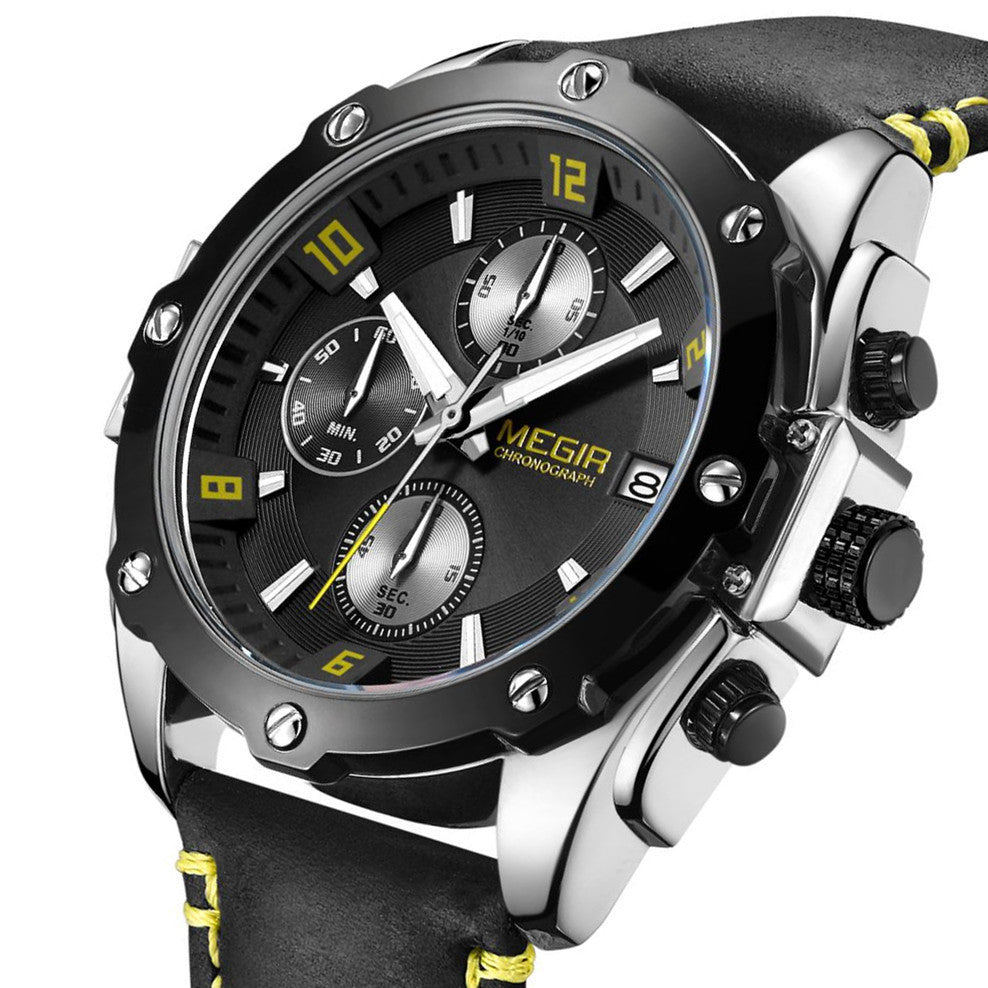MEGIR 2074 Men's Chronograph Watch – Genuine Leather Strap, Quartz Movement, 30M Water Resistant