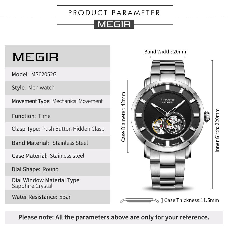 Megir Men's Hollow Automatic Mechanical Watch – Stainless Steel, Waterproof