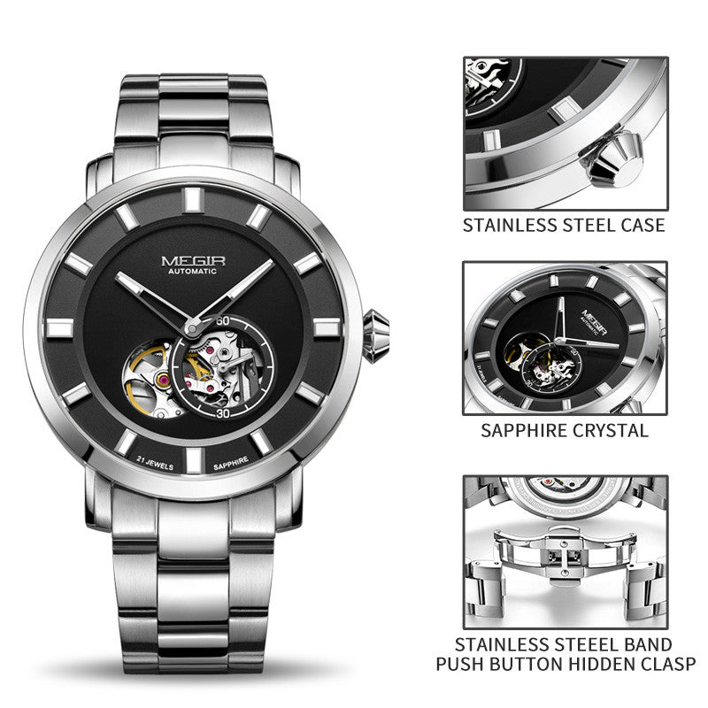 Megir Men's Hollow Automatic Mechanical Watch – Stainless Steel, Waterproof