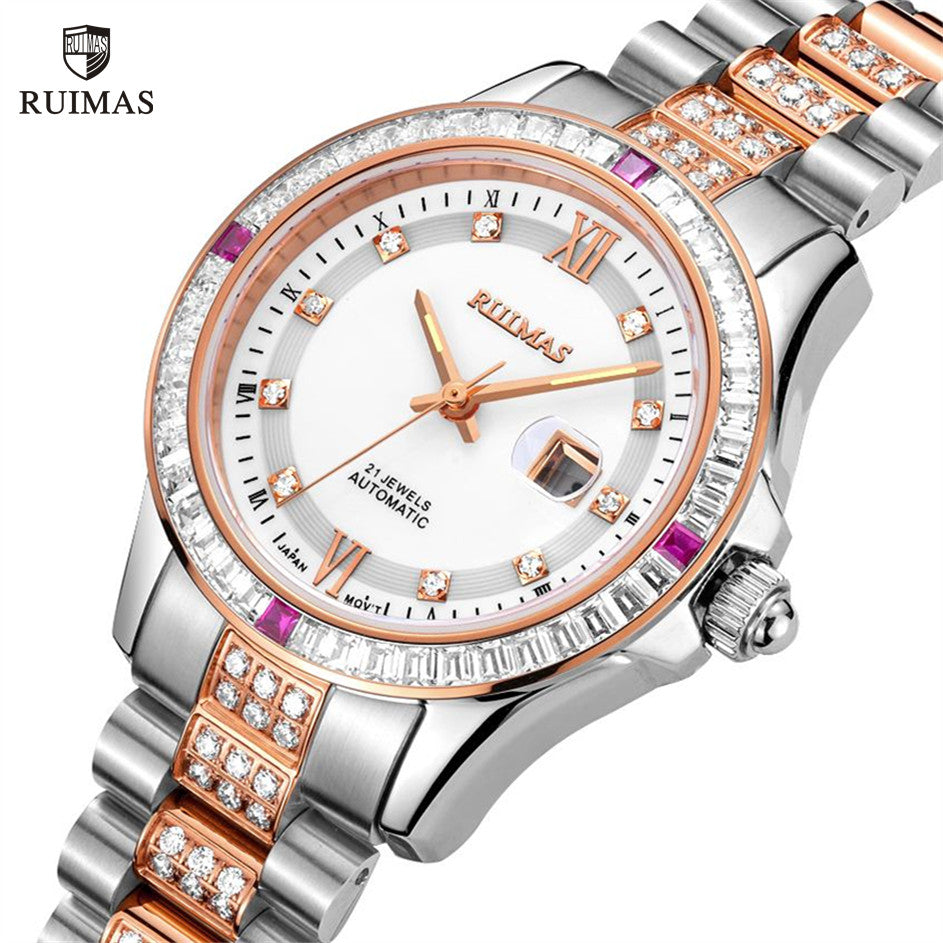 RUIMAS Women's Sapphire Automatic Mechanical Watch – Luxury Steel Bracelet with Crystal Bezel