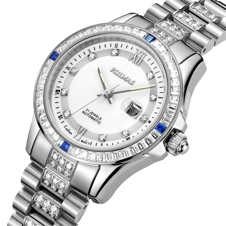 RUIMAS Women's Sapphire Automatic Mechanical Watch – Luxury Steel Bracelet with Crystal Bezel