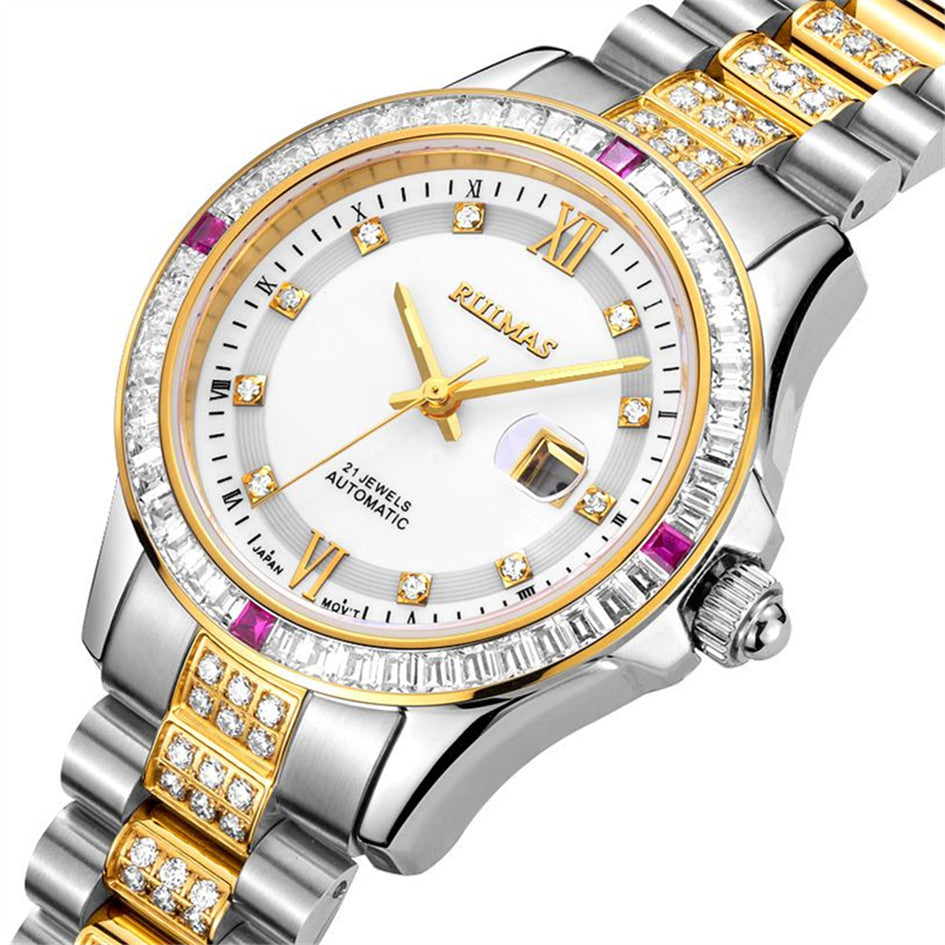 RUIMAS Women's Sapphire Automatic Mechanical Watch – Luxury Steel Bracelet with Crystal Bezel