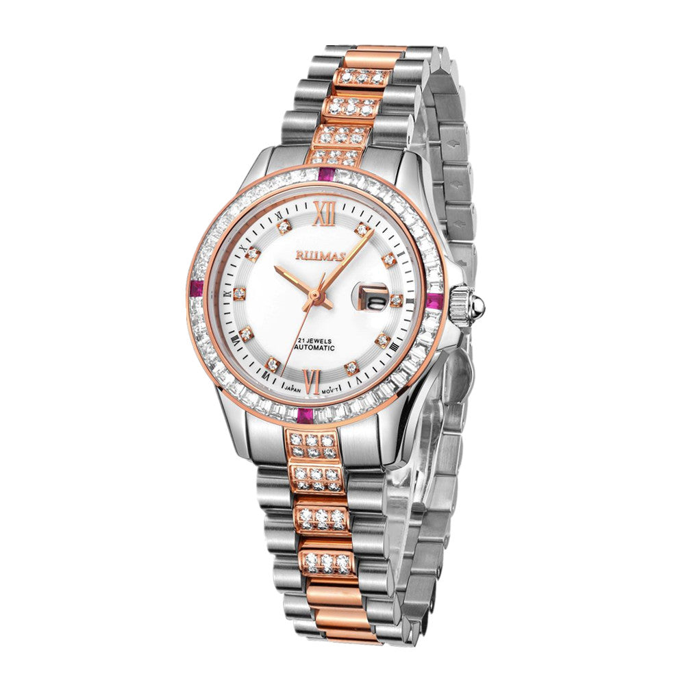RUIMAS Women's Sapphire Automatic Mechanical Watch – Luxury Steel Bracelet with Crystal Bezel