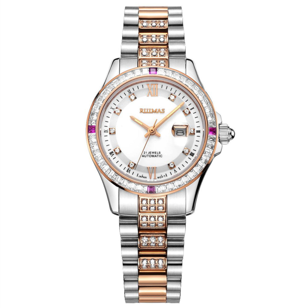 RUIMAS Women's Sapphire Automatic Mechanical Watch – Luxury Steel Bracelet with Crystal Bezel