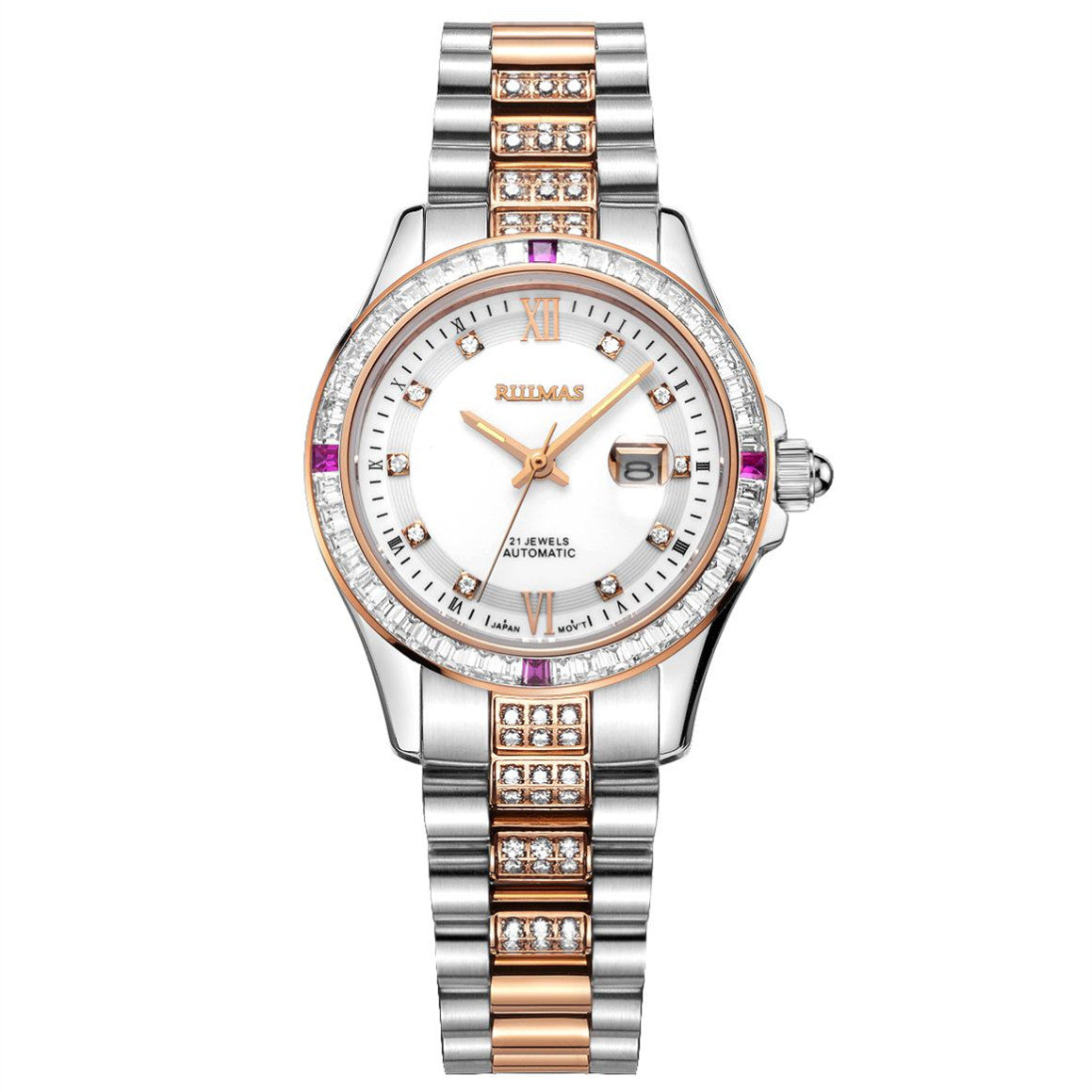 RUIMAS Women's Sapphire Automatic Mechanical Watch – Luxury Steel Bracelet with Crystal Bezel