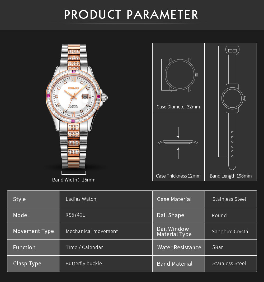 RUIMAS Women's Sapphire Automatic Mechanical Watch – Luxury Steel Bracelet with Crystal Bezel